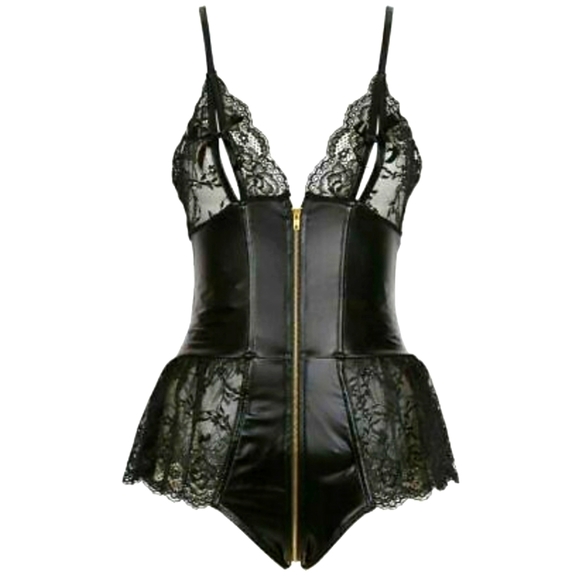 Ann Summers Other - ANN SUMMERS TASHA Black Vegan Faux Leather Lace Gold Zipper TEDDY Lingerie